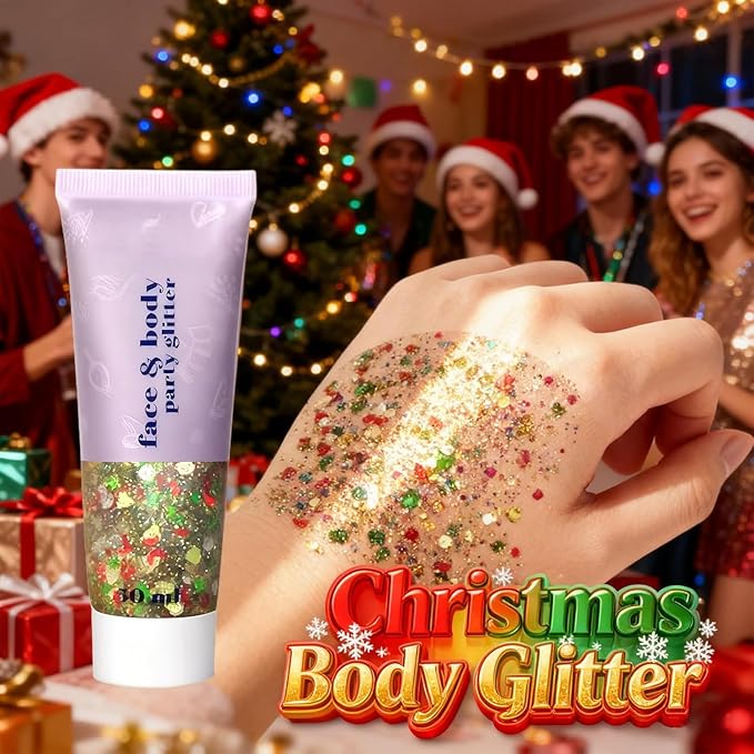 Red Green and White Body Glitter Gel, Christmas Face Hair Glitter for Kids & Women,Shimmer Holographic Colorful Sequins Chunky Glitter Gel Makeup,Accessories for Festival Rave (Christmas Themed)