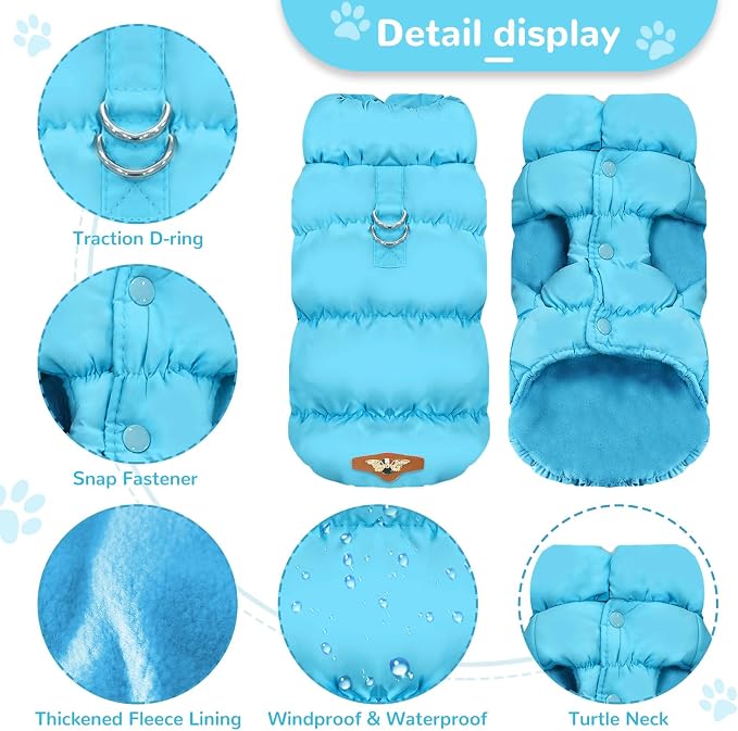 ABRRLO Winter Warm Dog Jacket for Small Medium Dogs Cat Cold Weather Coats with Harness Paded Dogs Fleece Vest Waterproof Windproof Dog Snow Jacket Pet Puppy Clothes (Blue,L)