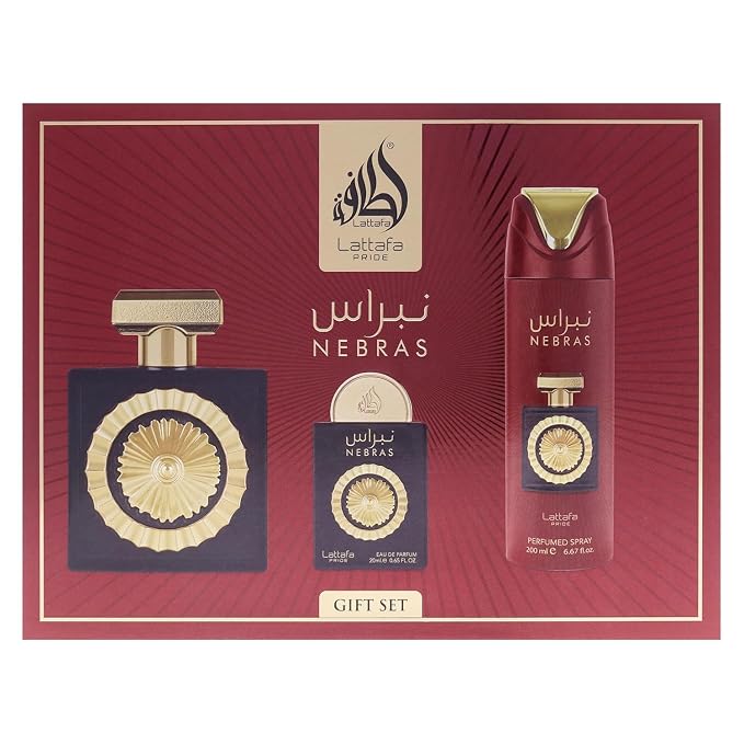 Lattafa Pride Nebras – Fruity, Sweet, Vanilla, Amber – 3-Piece Gift Set for Unisex (3.4 Ounce Eau de Parfum Spray + 0.65 Ounce Eau de Parfum Spray + 6.67 Ounce Deodorant Spray)