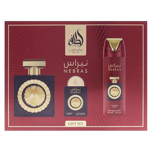 Lattafa Pride Nebras – Fruity, Sweet, Vanilla, Amber – 3-Piece Gift Set for Unisex (3.4 Ounce Eau de Parfum Spray + 0.65 Ounce Eau de Parfum Spray + 6.67 Ounce Deodorant Spray)