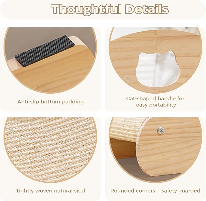 Avont Sisal Cat Scratcher Bed for Indoor Cats, Solid Wood Scratching Lounge | No-Mess Horizontal Scratcher -Large