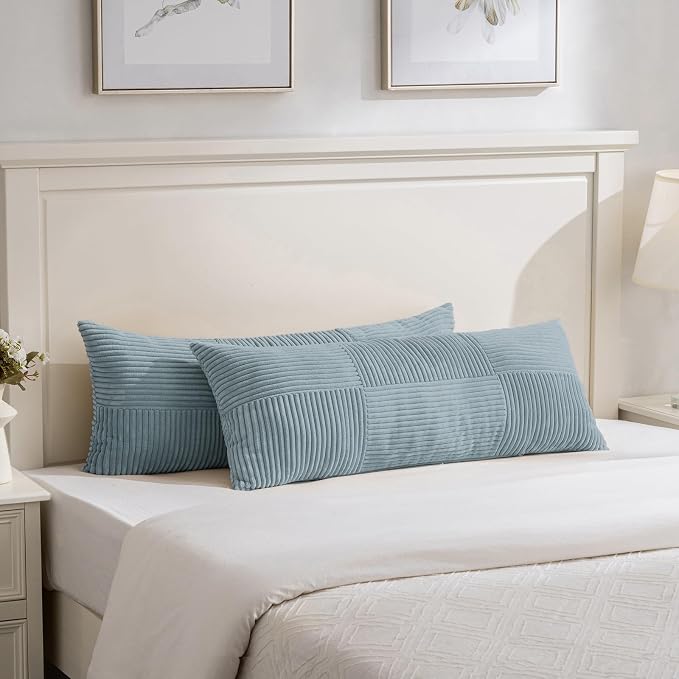 Fancy Homi Set of 1 Light Blue Boho Long Lumbar Body Decorative Throw Pillow Cover 14x36 Inch for Bed Couch Bedroom Bench, Soft Patchwork Corduroy Textured Pillow Case, Coastal Blue Room Decor