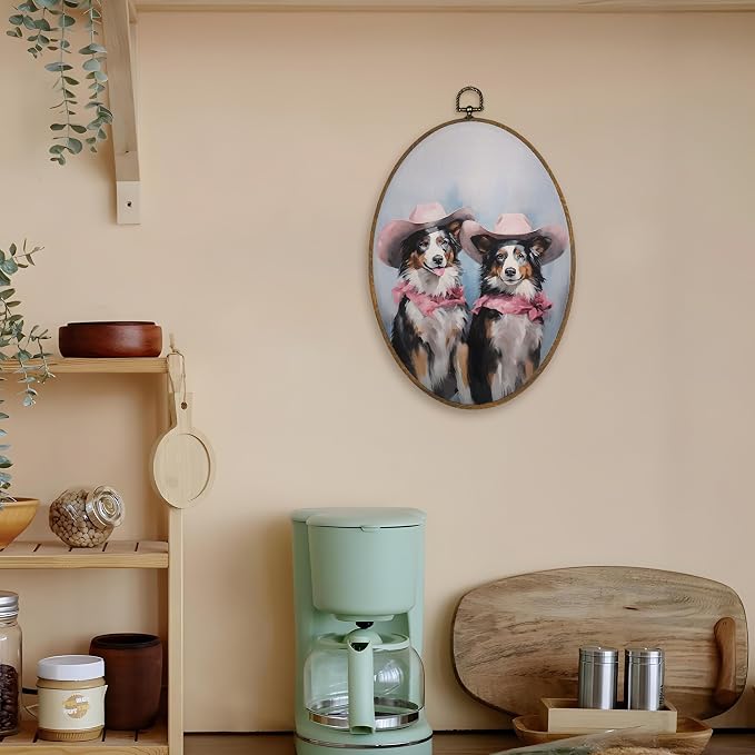LKETW Vintage Western Australian Shepherd Oval Wall Art Decor, Pink Cowgirl Aussie Dog Oval Canvas Hanging Decor, Australian Shepherd Gifts Wall Decorations for Girly Bedroom Room Home, 8.6x11.4 Inch