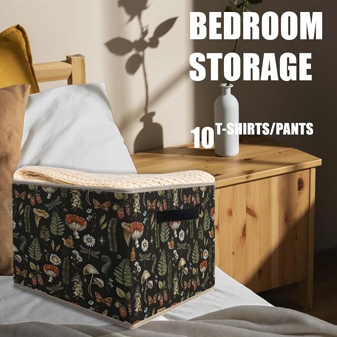 Dark Floral Mushroom Storage Bins Basket, Dark Cottagecore Botanical Insect Collapsible Fabric Storage Box Organizer Toybox for Bedroom Bathroom Clothes Books Toys