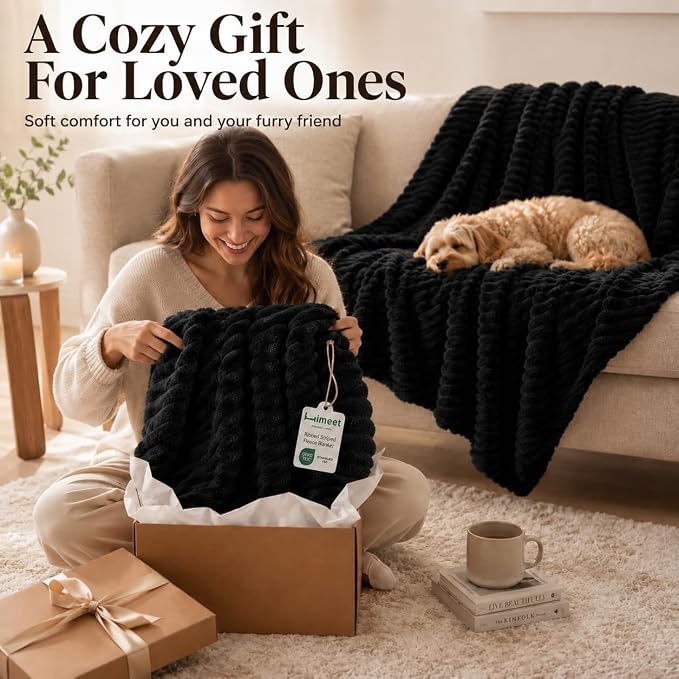 HIMEET Black Full Size Blanket for Bed, 300GSM Ribbed Fleece, 84 x 90 in | Ultra Soft Flannel, All-Season Lightweight Warmth, Bed Layering & Home Room Decor, Gift for Men & Women, Machine Washable