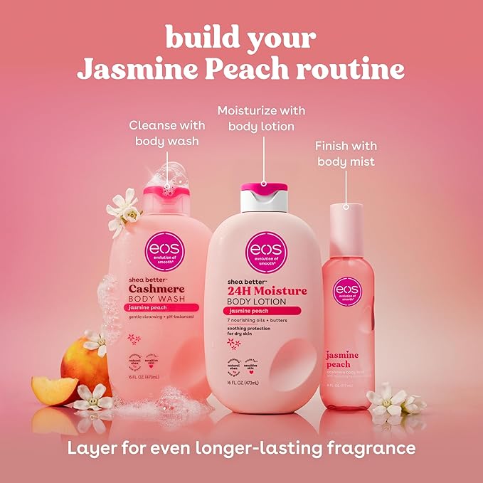 eos Cashmere Body Mist, Jasmine Peach, Body Spray for Women, Hair Mist, Floral Perfume, Moisturizing, Hyaluronic Acid, Glycerin, Vegan, Cruelty-free, 6 fl oz