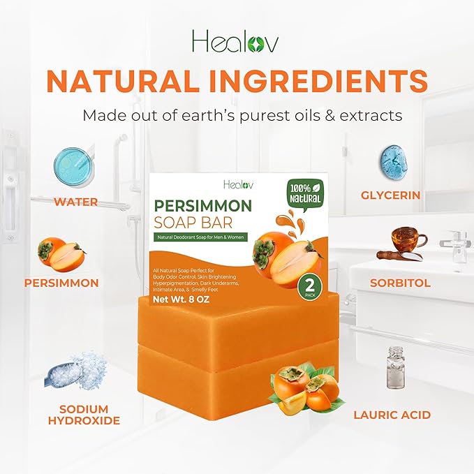 Persimmon Soap Bar for Body Odor Control – Purifying Deodorizing Face & Body Wash for Eliminating Body Odor – Great for Skin Brightening, Hyperpigmentation – Deodorant Soap for Men & Women
