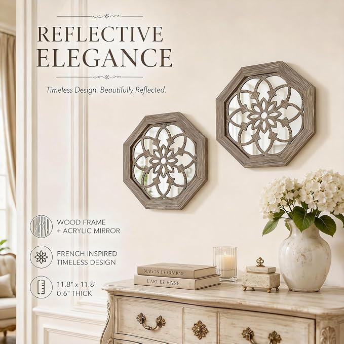 2 Pack 12 Inch Octagon Brown Rustic Wood Frame Acrylic Wall Mirrors, Farmhouse Boho Wall Art Decor for Living Room, Bedroom, Hallway, Entryway, Bathroom & Office