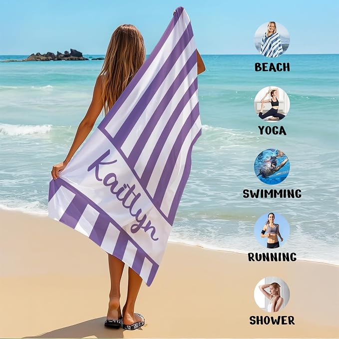JML Personalized Beach Towel with Name, Custom Cabana Stripe Beach Towel, Customized Microfiber Pool Towel, Quick Dry & Absorbent Swim Towel for Adult,Anniversary, Birthday, Summer Holiday,Vacation