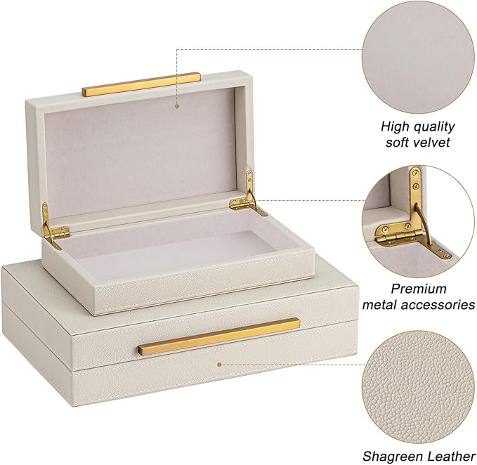 XIGEXIGE Faux Leather Large Modern Stackable Nesting Jewelry Box with Lids Organizer – Set of 2 Beige Shagreen Decorative Storage Boxes with Gold Metal Handles