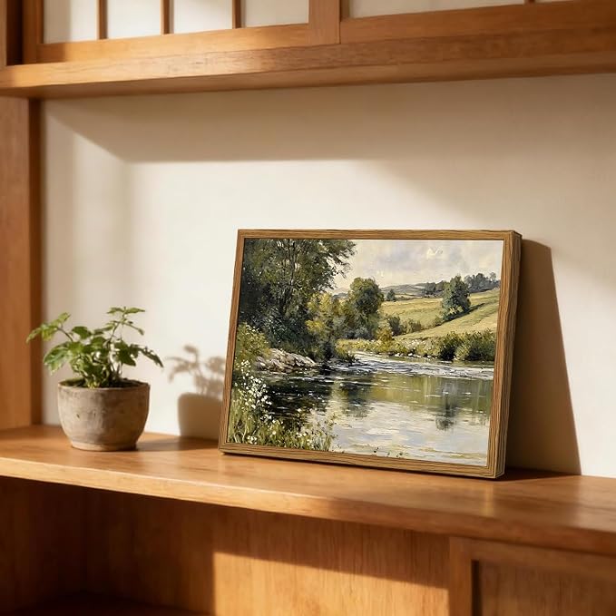 Framed Vintage Landscape Wall Art, Country Nature River Pictures Wall Decor, Rustic Field Paintings Canvas Prints Farmhouse Home Decor Aesthetic for Living Room Bedroom Bathroom 16x24 inch