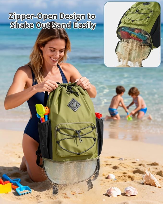 WANDF Drawstring Backpack with Removable Wet Pocket, Sandproof Beach Backpack with Bottom Compression Strap for Beach Mat, Swim Bag for Pool, Gym, Travel and Workout Gear (Dark Green)