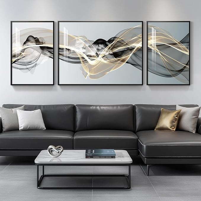 Large Framed Modern Luxury Abstract Wall Art for Living Room, 3 Piece Minimalist Prints Paintings Artwork for Walls, Black White Gold Abstract Line Pictures for Hallway Dining Bedroom Office Wall Decor