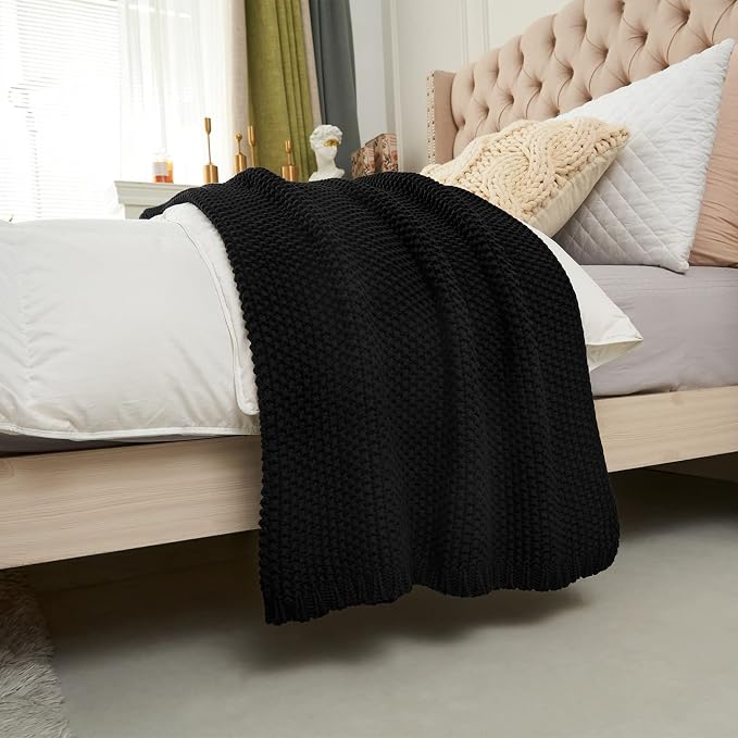 Chunky Cable Knit Throw Blanket Lightweight Black 100% Organic Cotton Blanket for Sofa Couch Bed Baby Nursery, Rustic Shabby Chic Modern Farmhouse, 51” x 63” Give Laundering Bag