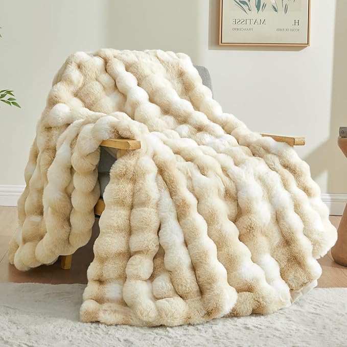 BEDELITE Faux Fur Throw Bubble Blanket for Couch, 50" x 60", Tie-Dye Khaki | 870GSM Soft Cozy Plush Blanket for Sofa & Bed Living Room Decor, Warm Fuzzy Faux Rabbit Fur for Women Gift, All Season Use