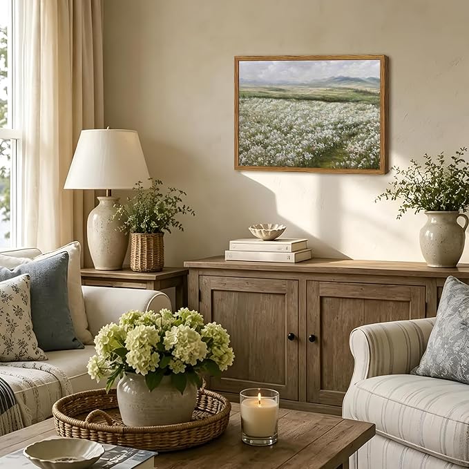 Framed Vintage Landscape Wall Art, Country Wildflower Field Pictures Wall Decor, Rustic Nature Flower Paintings Canvas Prints Farmhouse Home Decor for Living Room Bedroom Bathroom 16x24 inch