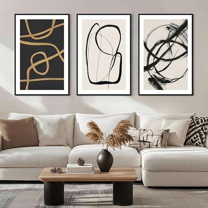 SAFERRYHOME Abstract Graffiti Black and White Wall Art,3 Panels 24x36 Inch | Black and Gold Framed Canvas Print Set, Mid-Century Modern Geometric Sketches Lines for Living Room, Bedroom, Office, Hallway