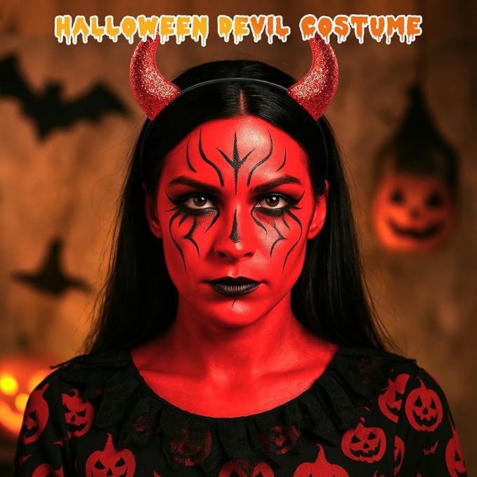 Red Face Paint Halloween Makeup Kit,Devil Horns Headband for Kids,1.01oz Water-Based Red Body Paint+Black Lipstick+Sponge+Devil Glitter Headband,Cream Face Paint Stick for Costume