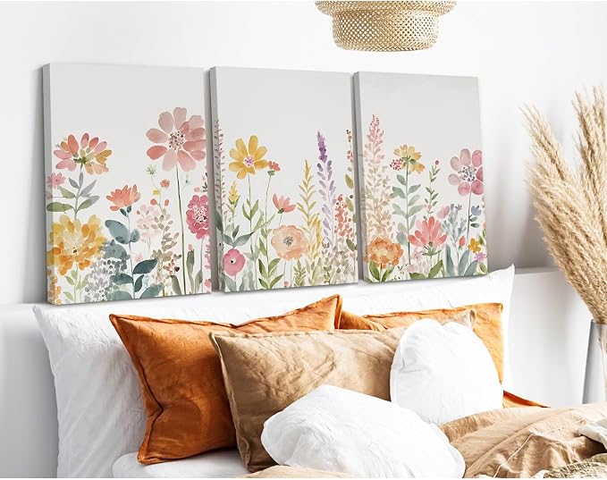 Watercolor Wildflower Wall Art Decor Colorful Flower Pictures Canvas Floral Botanical Wall Art Vintage Prints Poster Floral Painting Artwork for Living Room Bedroom 12x16 Inch Framed Set of 3