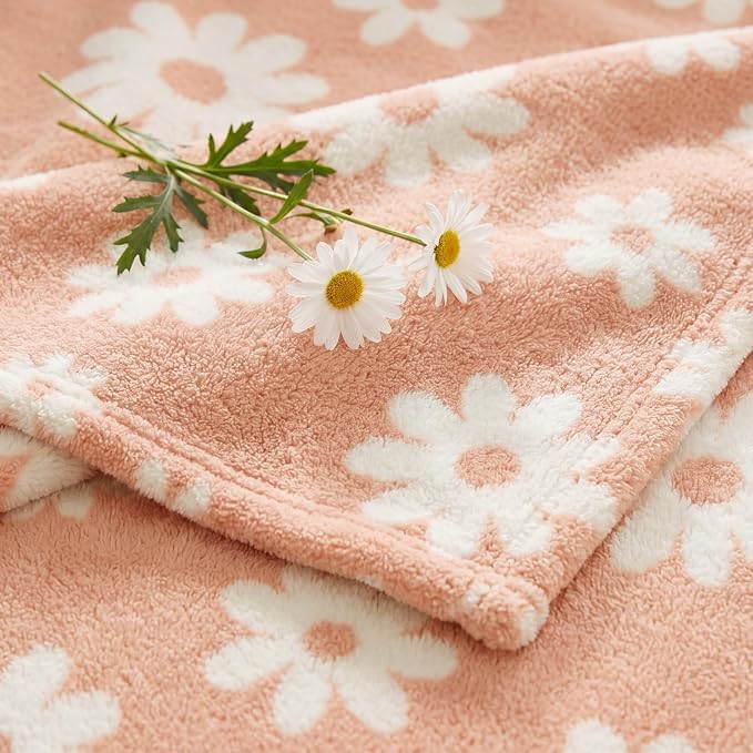 Soft Throw Blanket for Couch-Cozy Reversible Knitted Blankets | Lightweight Warm Fluffy Decor for Women, Mom, Her & Girls, Sofa, Chair, Bed, 50x60in,Daisy Floral Peach Orange