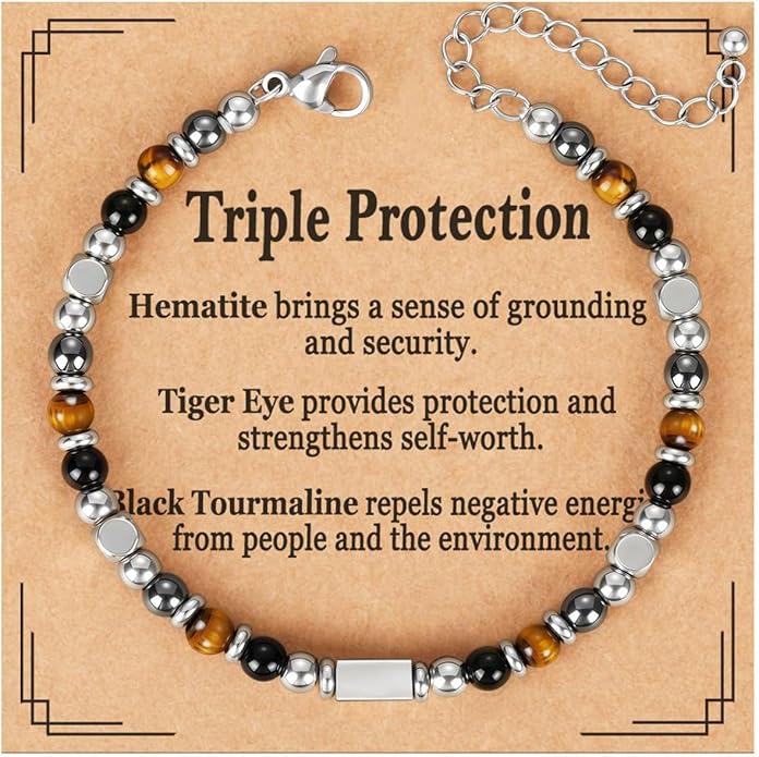 Natural Healing Crystal Bracelet for Women, Triple Protection Anxiety Relief New Beginnings Good Luck Empath Protection Jewelry Gift for Friends Daughter Mom 6.5+1.8 Inches