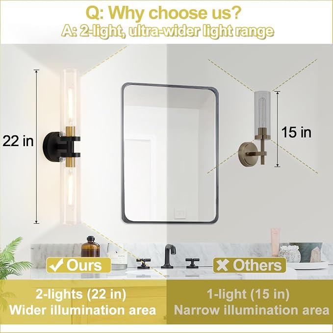 Indoi Hardwired Wall Sconces Set of Two, 22" Black and Gold Bathroom Sconces with Clear Glass, Modern Sconces Wall Decor Set of 2 Wall Light fixtures for Bathroom Mirror Living Room Hallway Bedroom