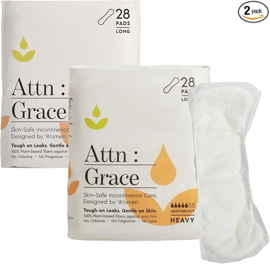 Attn: Grace Heavy Incontinence Pads for Women, 2-Pack (56 Pads Total / 28 per Pack) - Plant-Based, High Absorbency, Breathable - Incontinence Pads for Heavy Bladder Leaks & Sensitive Skin
