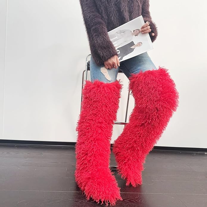 SWEETHEART BEAUTY Thigh High Shagy Teddy Fur Boots, 29 Inch Over the Knee Length Fluffy High Boots, Tall Furry Shoes For Women