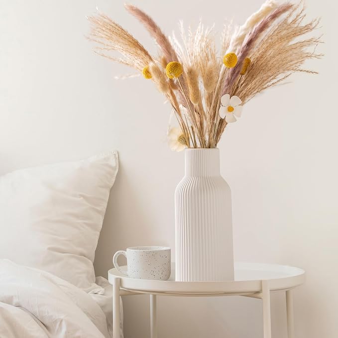White Ceramic Vase, Modern Matte Ribbed Flower Vase for Pampas Grass, Fresh & Dried Flowers, Waterproof Decorative Home Decor for Living Room, Coffee Table, Bookshelf & Entryway