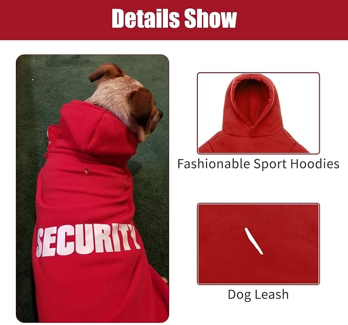 BINGPET Security Dog Hoodie, Pet Sweater Clothes with Leash Hole, Red | Warm Dog Sweatshirt for Small Medium Large Dogs, All-Season Cold Weather Comfort & Fit, Soft Winter Hooded Pullover Outfit