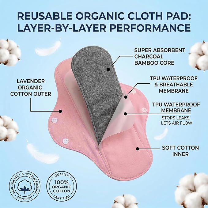 Graphene Reusable Incontinence Pads (6 Pack) - Washable Cloth Menstrual Pads for Heavy Flow, Leakproof Overnight Postpartum Pads for Women & Elderly, Odor Control & High Absorbency (Assorted Colors)