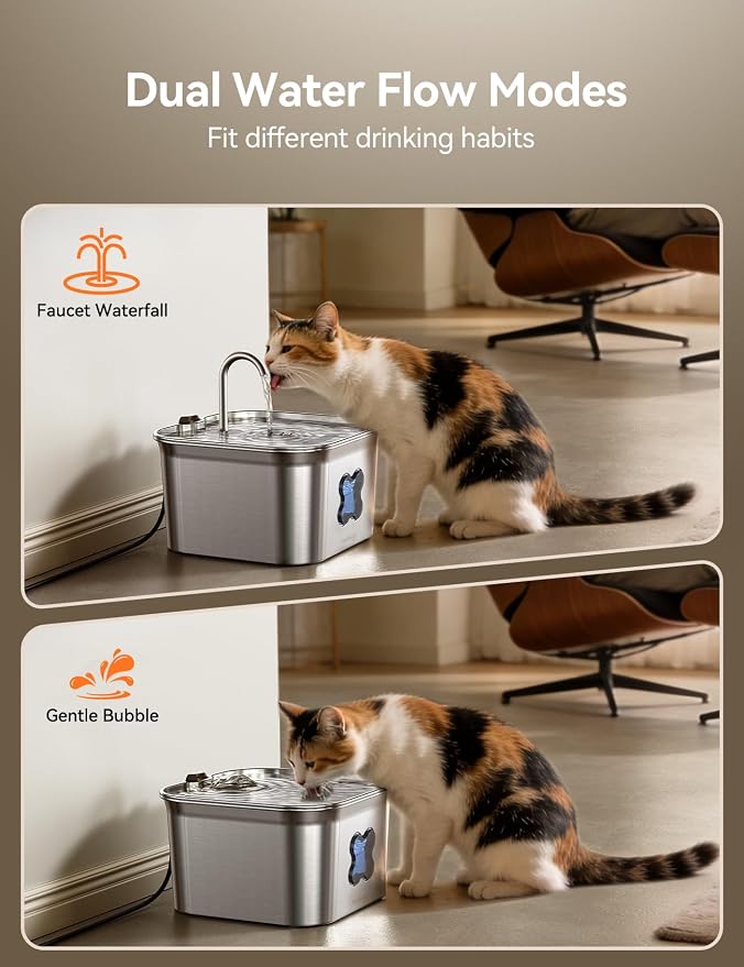 FEELNEEDY Cat Water Fountain, 304 Stainless Steel - 95oz/2.8L Faucet-Style Pet Drinking Fountain for Cats & Small Dogs, Ultra-Quiet <20dB, Dishwasher Safe, 4-Stage Filtration & Water Level Window