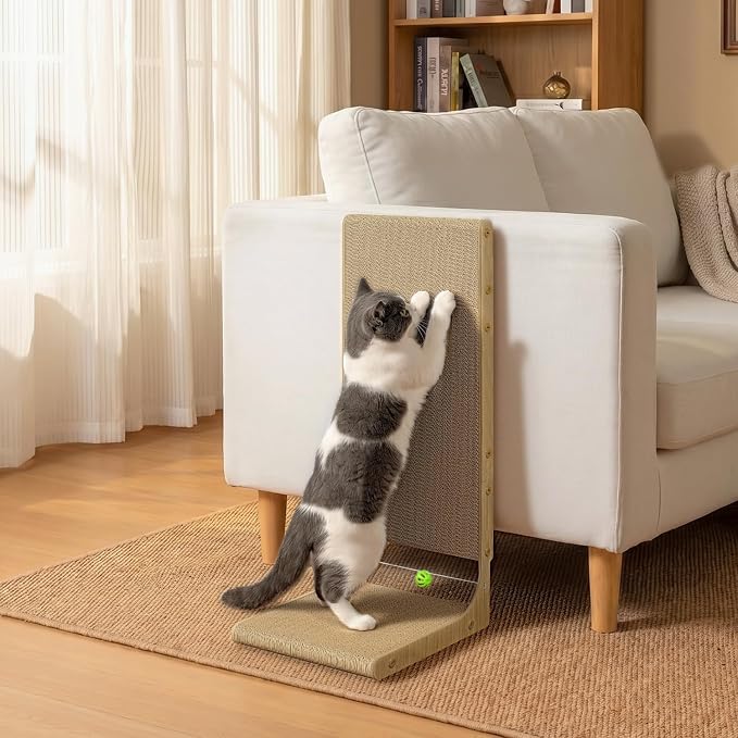 Conlun Cardboard L Shape Cat Scratcher | 26" Vertical Wall-Leaning Scratching Board & Cosy Lounge Bed, Sofa Protector with Bell Toy,Wood Grain，Large(2 Pack)