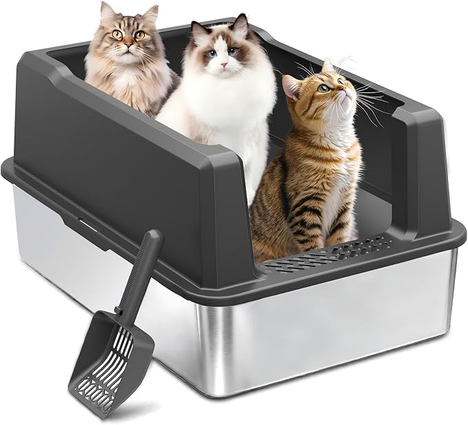 Extra Large Stainless Steel Litter Box for Large Cats | 50% Thicker Metal, High Sides, Leak-Proof, Non-Stick Surface, Odor Resistant, Easy Clean