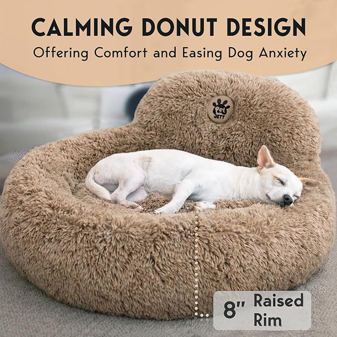 PetJett Calming Medium Dog Bed - 30'' Round Dog Beds - Washable Dog Bed - Anti-Slip Super Soft Fluffy Plush Donut Bed, Anti-Anxiety Premium Comfort Pet Bed, Fits Dogs up to 45 lbs - Beige