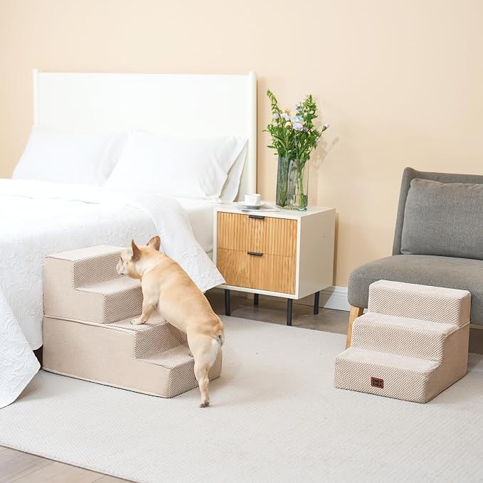 EHEYCIGA Dog Stairs for Bed 18" H, 4-Step Dog Steps for High Bed, Beige | Pet Steps for Small Dogs and Cats, Non-Slip Balanced Pet Ramp Indoor
