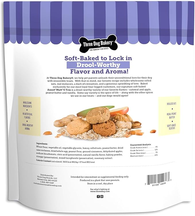 Three Dog Bakery Assort Mutt Trio Soft Baked Dog Treats - Oats, Apple, Peanut Butter & Vanilla Flavors - 48 oz Variety Pack