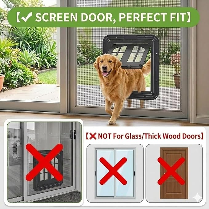 Large Dog Screen Door, 13 x 17 inches, Doggie Door for Screen Door, Magnetic Self-Closing Dog Cat Door with 4-Way Entry, Black (Large)