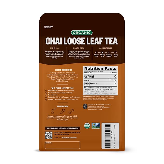 FGO Organic Chai Tea, 4 Ounce Loose Leaf, Resealable Bag, Packaging May Vary (Pack of 1)