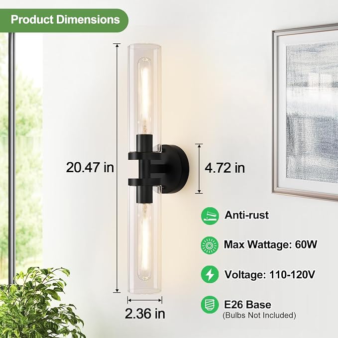 Wall Sconces Set of Two, Hardwired Matte Black Bathroom Sconces Wall Lighting with Clear Glass, Modern Sconces Wall Decor Set of 2 Bathroom Light Fixtures for Mirror Hallway (Bulbs Not Included)
