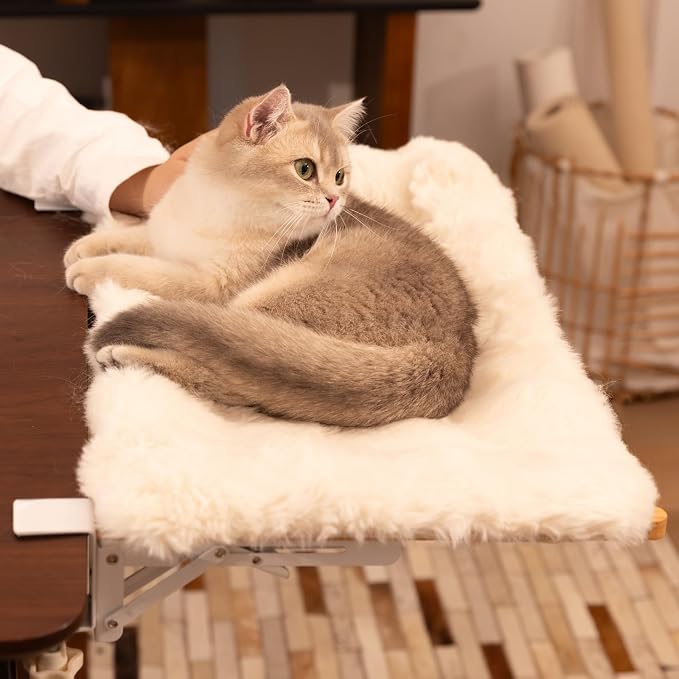 CHEERPALS Cat Desk Bed with Cushion Washable, 90°Fold Down Cat Hammock for Desk Mounted, Indoor Cats Furniture Supports 35lbs Suitable for Small-to-Medium Cats(White)