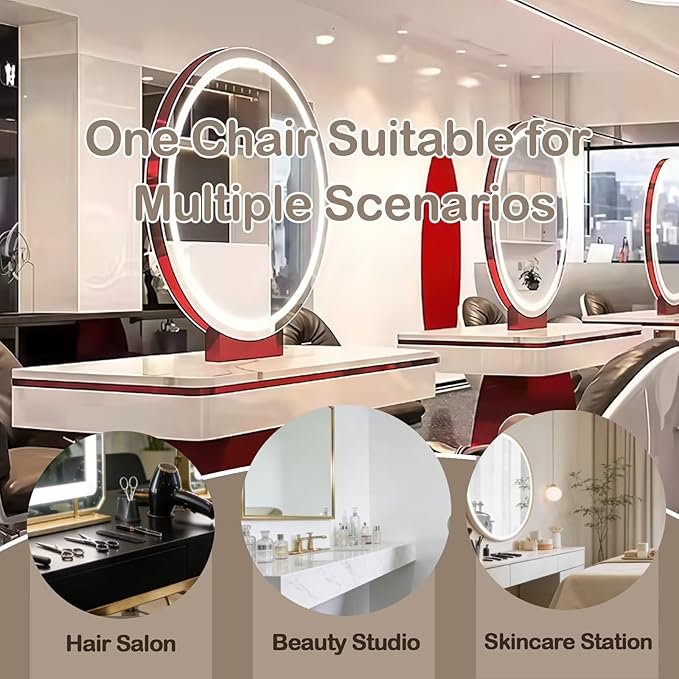 2-Person Salon Station for Hair Stylist with Retro-Futuristic Style, Barber Station includes LED Round Mirror, Red Metal Design, for Beauty Salon