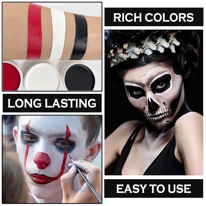 3PCS Clown Makeup Kit Black White Red Face Body Paint Professional Oil Based Body Face Paint Foundation Makeup for Halloween Special Effects SFX Zombie Clown Vampire Skeleton Makeup Kit