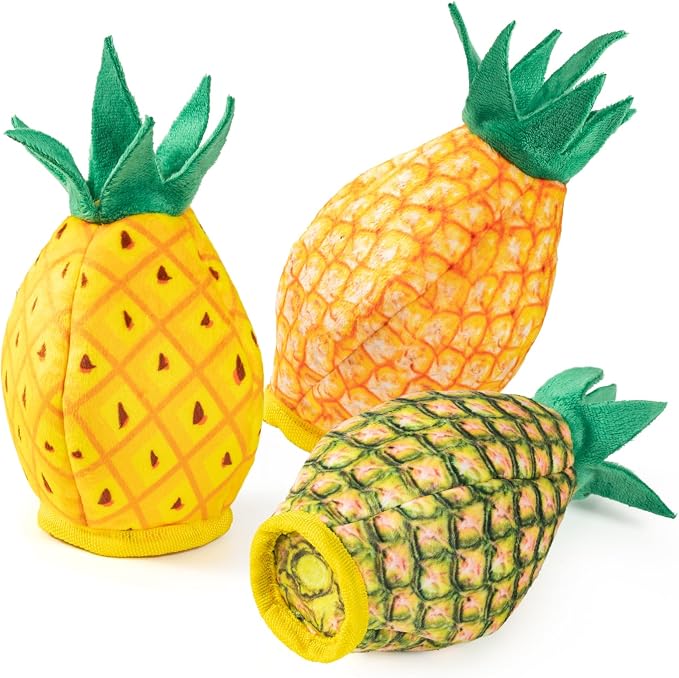 No Stuffing 3pc Squeaky Dog Toys 2 in 1 Interactive Plush Dog Toy Pineapple Shaped Rip&Reveal Toy for Boredom- Perfect for Chew&Fetch Play