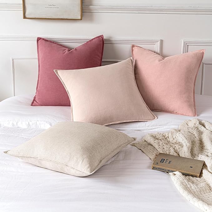 MIULEE Decorative Linen Euro Sham Pillow Covers 24x24 Light Pink | Boho Farmhouse Neutral Couch Throw Pillows for Bed, Pack of 2 Accent Modern Pillowcases, Sofa Livingroom Home Decor