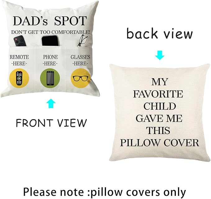 ONFAON Father's Day Throw Pillow Case, Dad's Spot Throw Pillow Covers 18 x 18 Inch，Dad Gifts from Daughter Son，Birthday Christmas Thanksgiving Day Gifts for Papa Stepdad ，3-Pocket