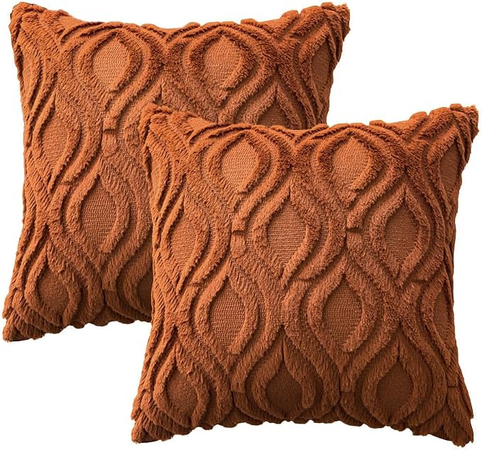 MIULEE Burnt Orange Fall Soft Plush Faux Wool Throw Pillow Covers 20x20 | Set of 2, Farmhouse Boho Home Decor, Decorative Cushion Covers for Sofa, Living Room, Bed