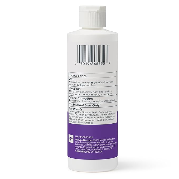 Medline Remedy Essentials Moisturizing Body Lotion (8 oz Bottle), 12 Count, Fresh Scent, Hydrating, Non-Greasy, For Dry Skin, Hypoallergenic, Men, Women, Elderly
