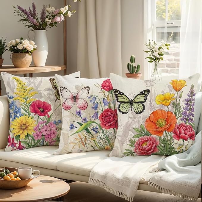 wyooxoo Throw Pillow Covers 20x20 Set of 4 Decorative Spring Pillow Covers Linen Flower Butterfly Farmhouse Pillowcases for Sofa Couch Living Room Outdoor