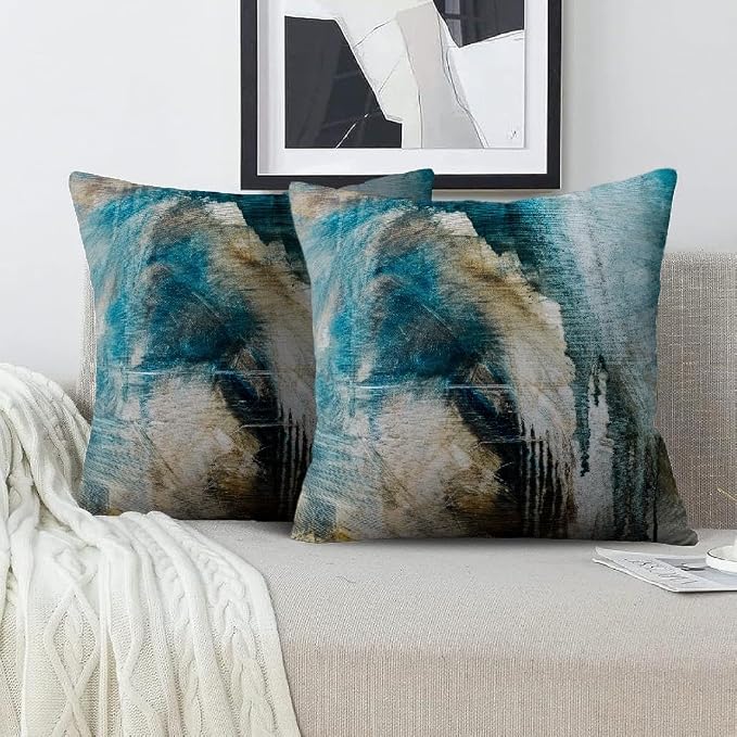 Teal Abstract Art Artwork Pillow Cover, Gallery Modern Decorative Throw Pillows Cushion Cover for Bedroom Sofa Living Room 26 x 26 Inch Set of 2